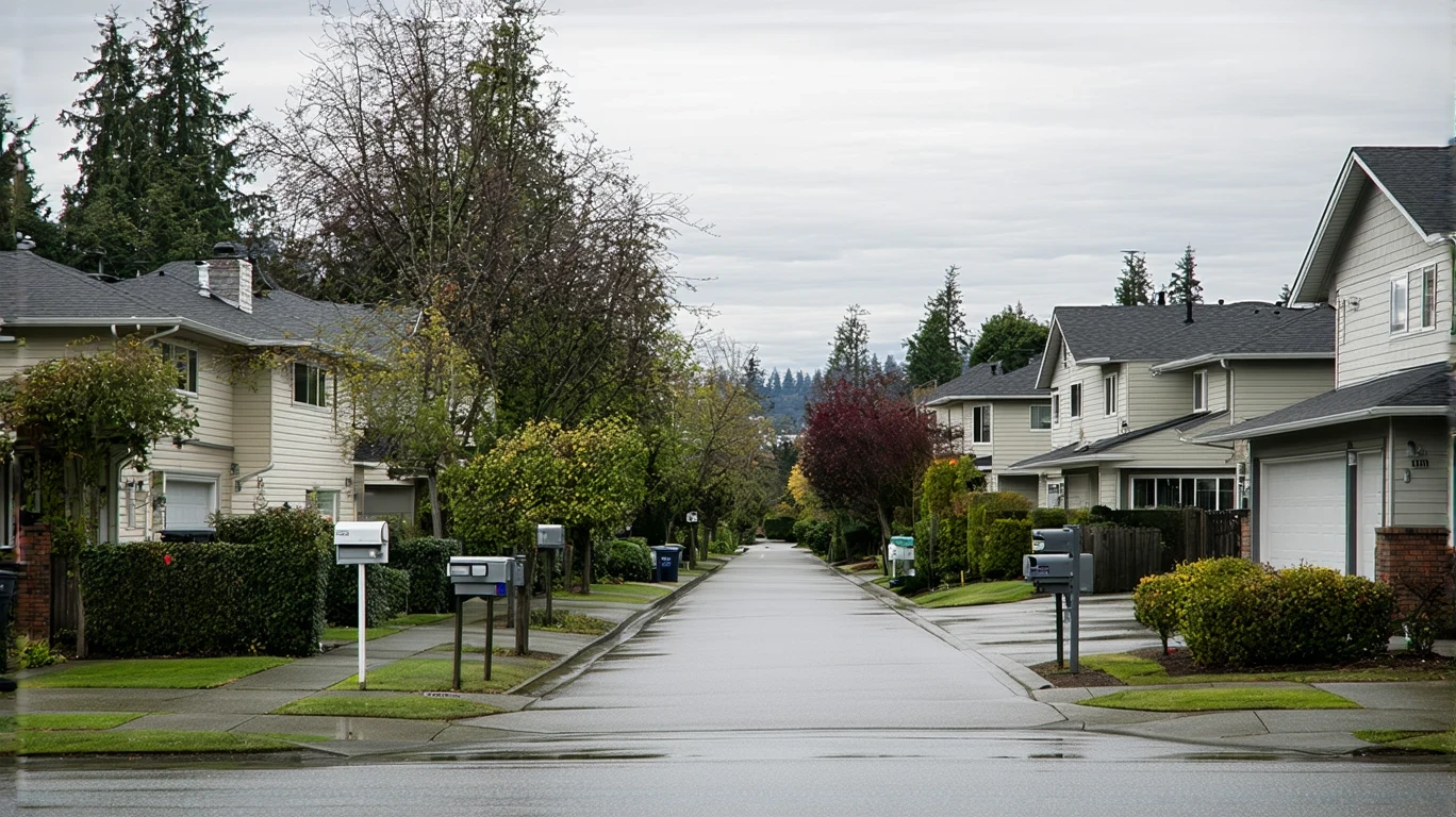 A residential street in Shoreline, Washington on a gray, wet day