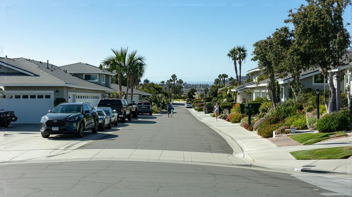 A sunlit street in an Encinitas neighborhood lined with modern coastal homes and parked cars.