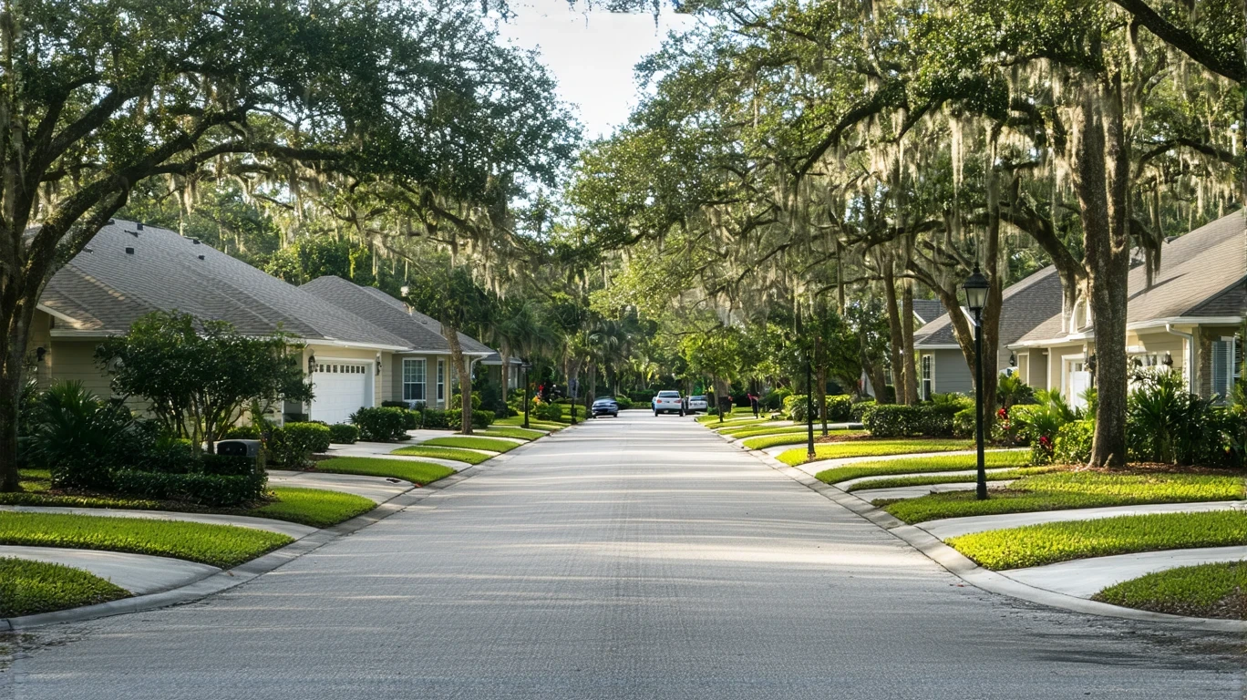 A sunny suburban street in Lutz, Florida lined with modest, well-kept homes and tidy landscaping.