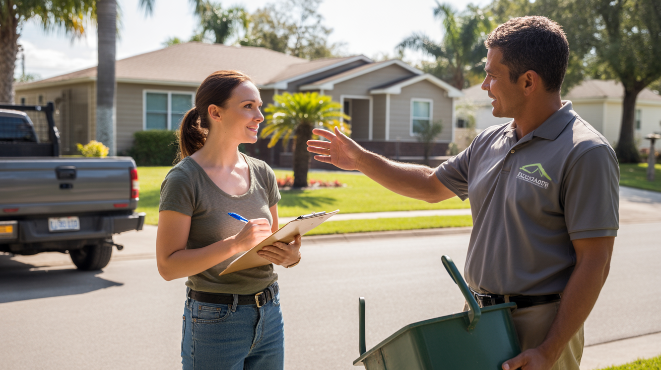 Homeowner talking to landscaper in driveway of suburban home in Plant City, Florida