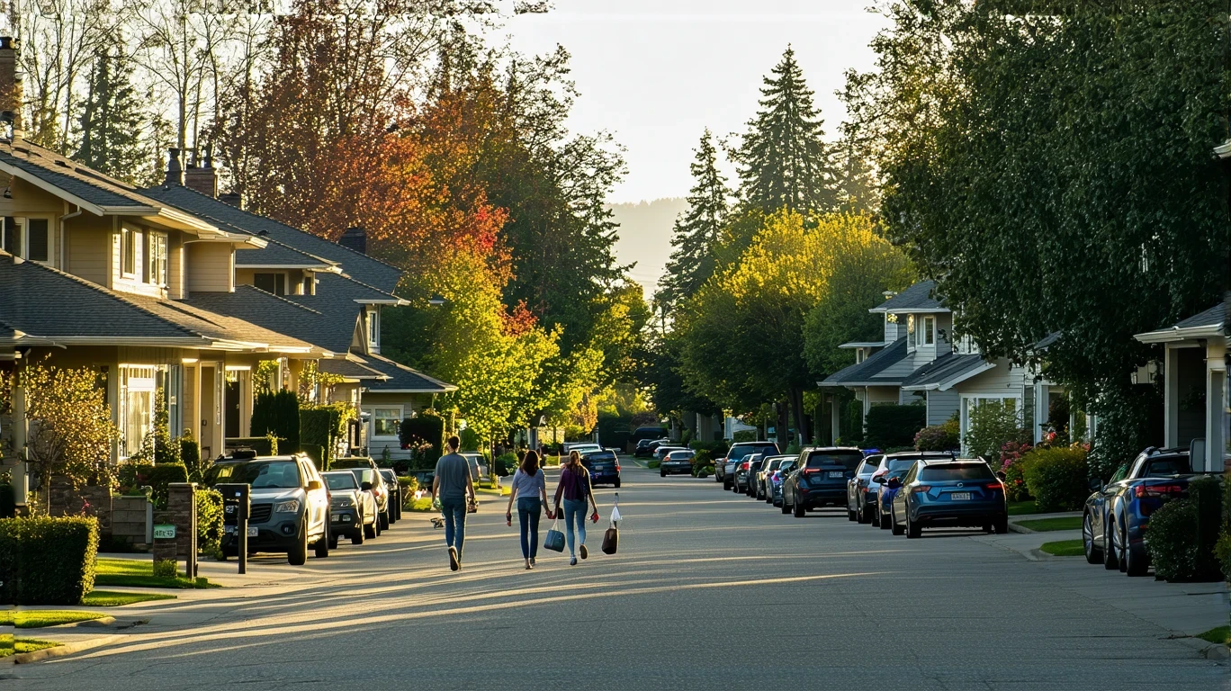 A tree-lined street in Kirkland with craftsman houses, small apartment buildings, parked cars, and a couple walking on the sidewalk.
