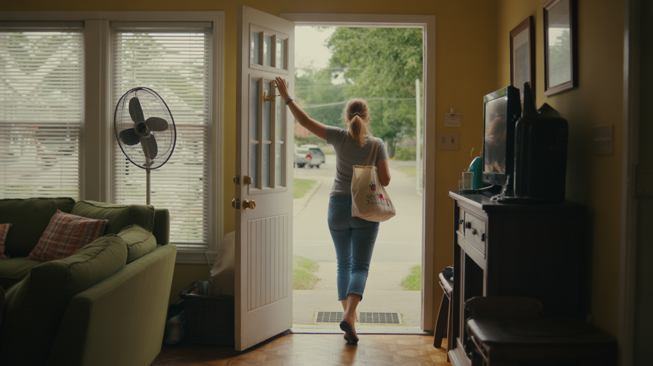 Woman turning off ceiling fan in Fern Creek home on summer morning