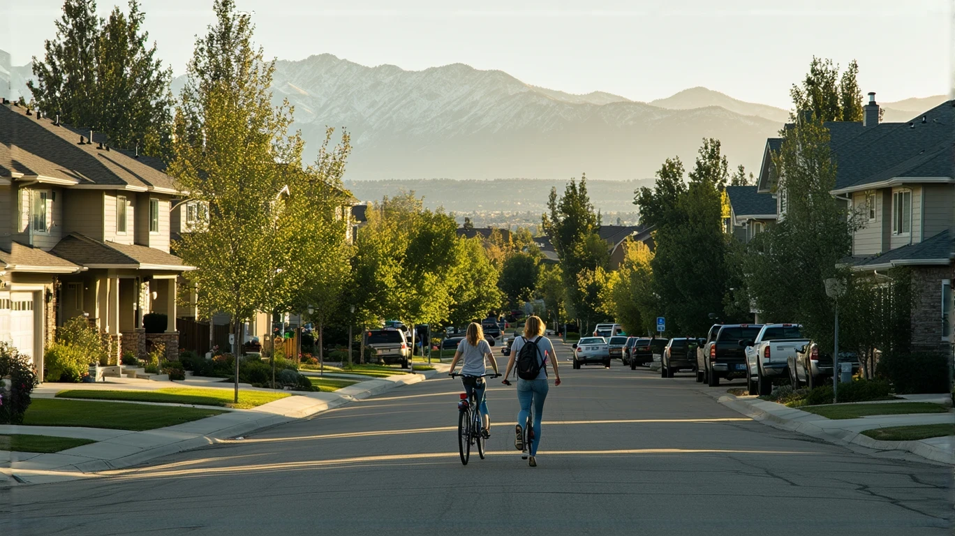 A young woman walking her bike on a residential street in Lakewood, Colorado, with craftsman-style homes and the Front Range mountains visible in the background.