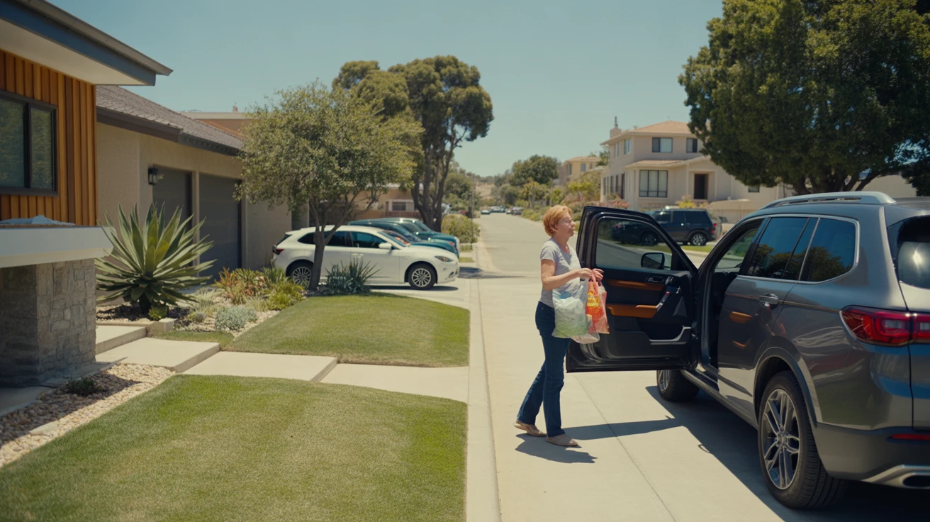 Front view of a tidy San Marcos home with a woman unloading groceries from her SUV in the driveway on a sunny day.