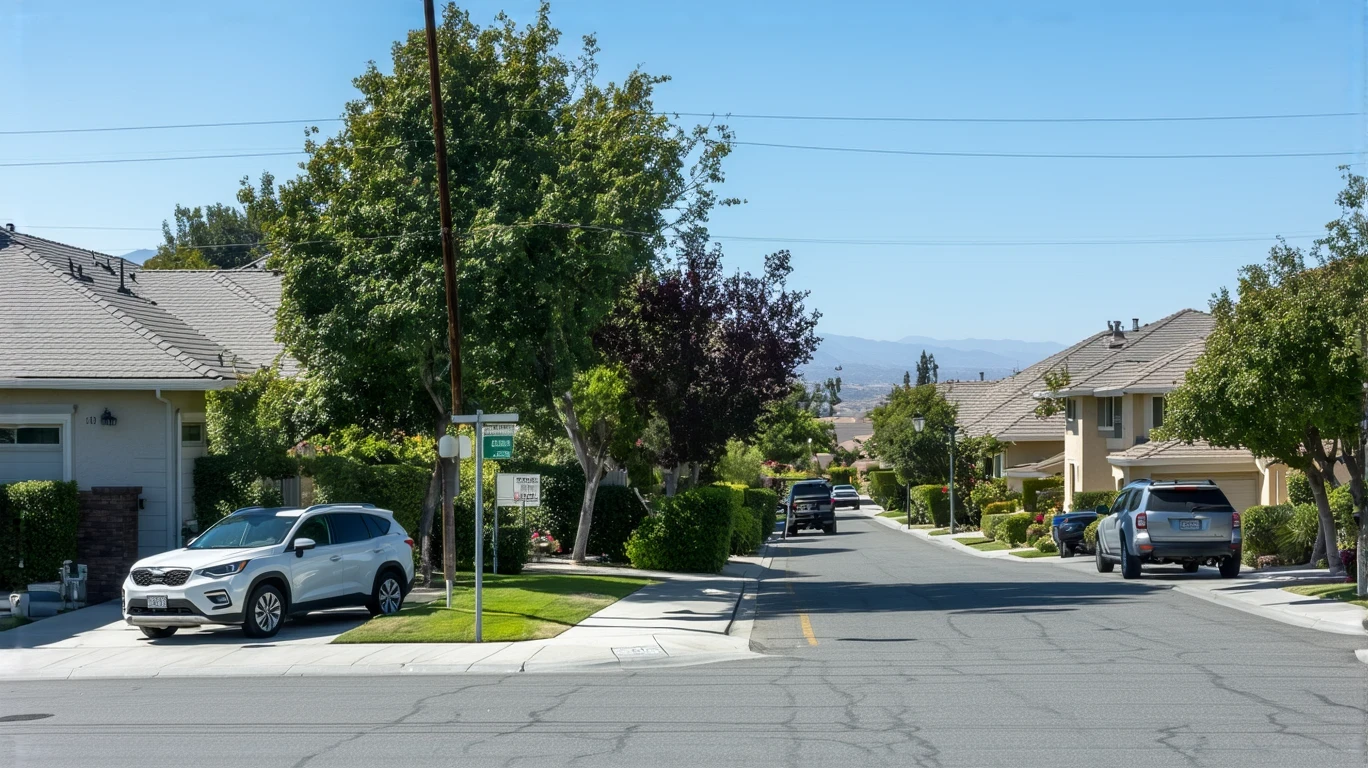 A residential street corner in Poway, California with modest homes and a parked car.