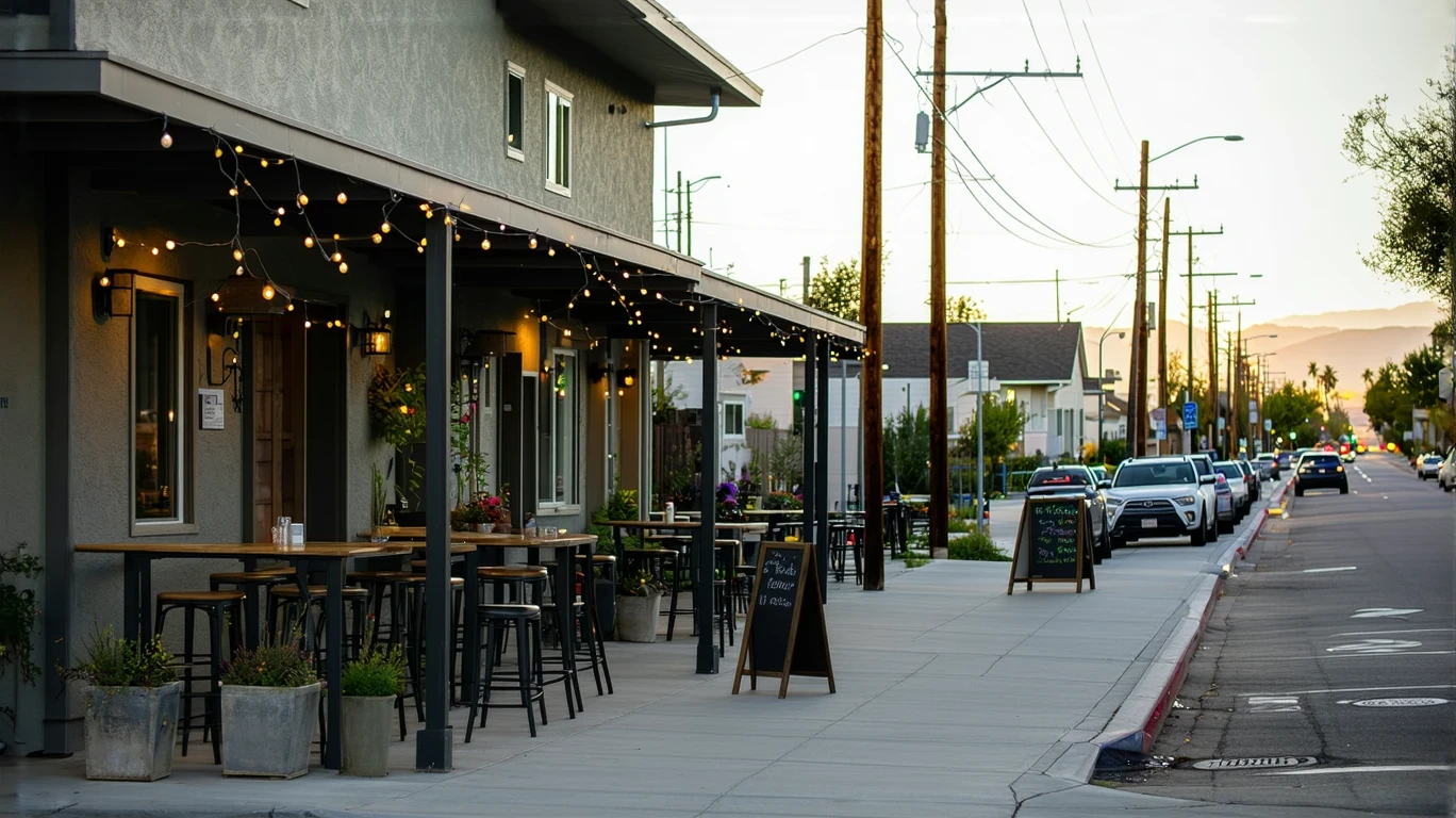 Storefronts and patio seating along a sidewalk in a San Diego neighborhood in the evening.