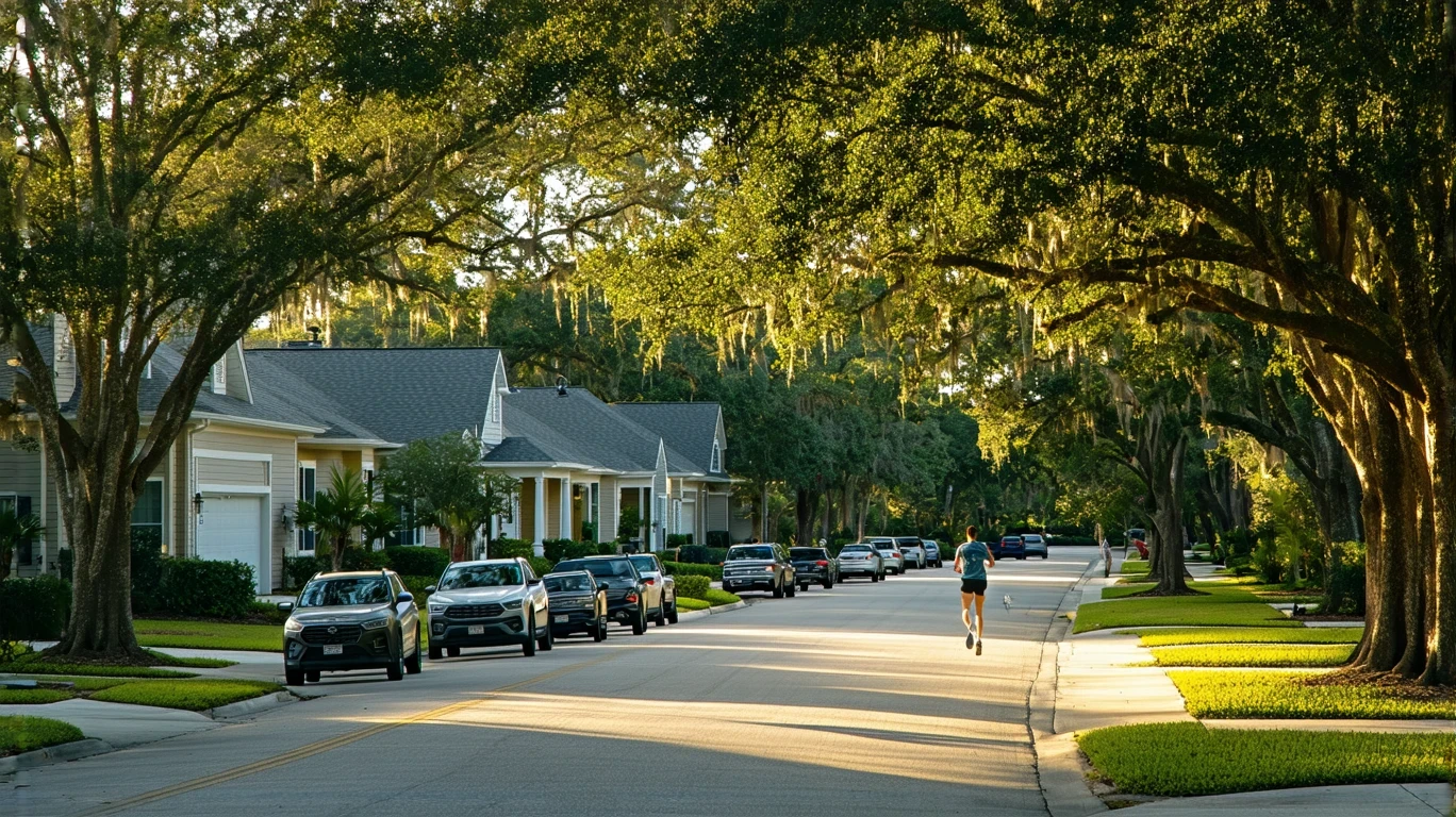 A tree-lined suburban street in Sanford, Florida with a jogger on the sidewalk