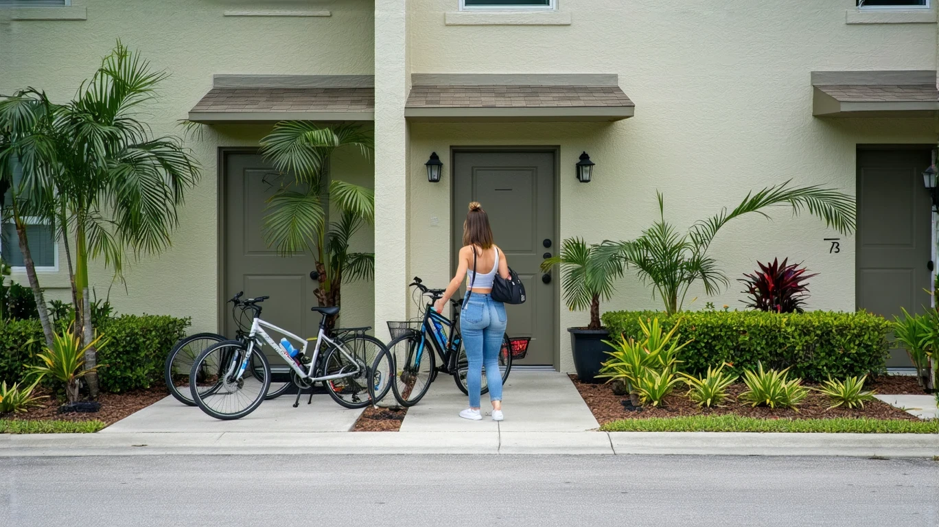 An apartment building in Kissimmee with potted plants and bicycles outside the doors