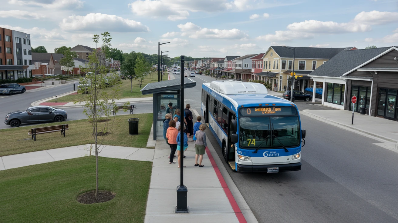 A Gallatin Transit Authority bus picking up passengers at a stop on a suburban street.