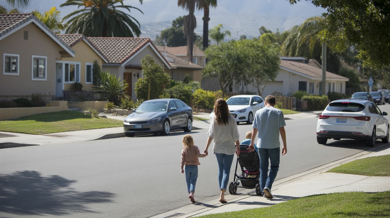 A young family walking down a quiet residential street lined with modest single-family homes in San Marcos, California.