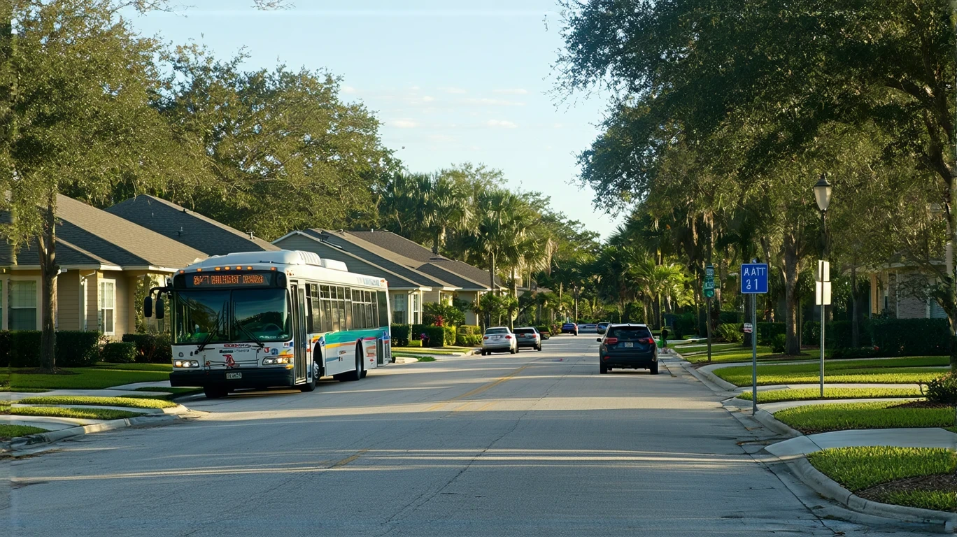 A Lynx public bus driving through a residential neighborhood in Apopka, Florida on a sunny day.