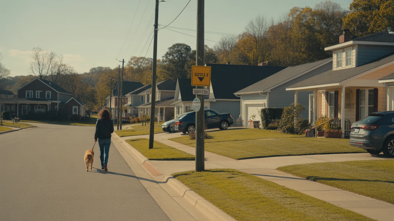 A person walking a dog on the sidewalk of a quiet residential street lined with modern single-family homes in Spring Hill, Tennessee.