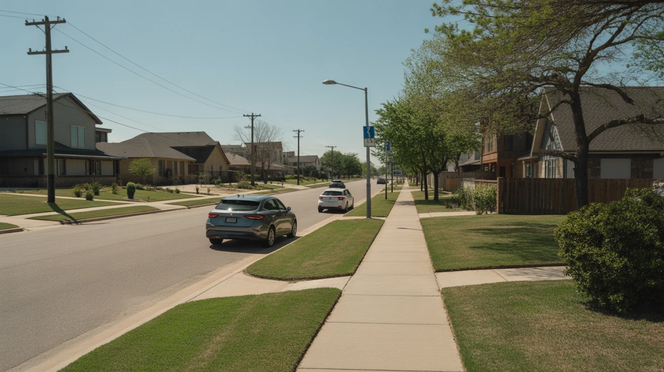 A quiet suburban street in Allen, Texas with modern homes, parked cars, and landscaped lawns.