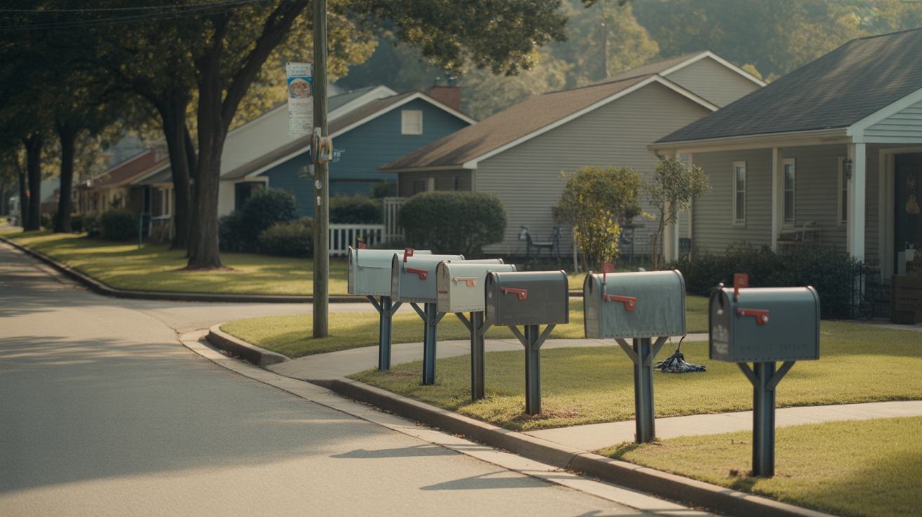 A row of gray metal mailboxes along a curving suburban sidewalk in Wake Forest, NC on a sunny day