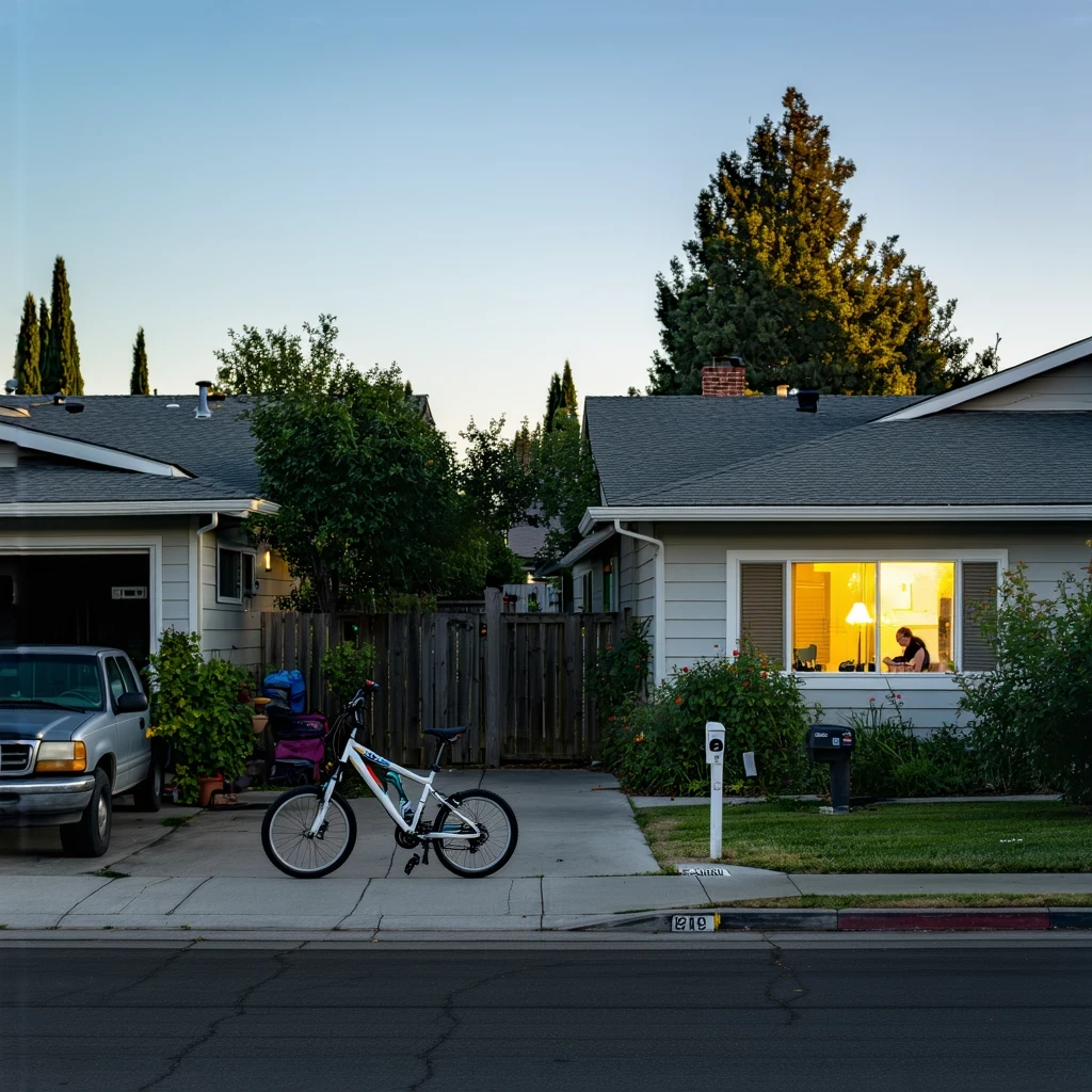 Escondido cul-de-sac at dusk with porch lights turning on and a child's bike by the curb.