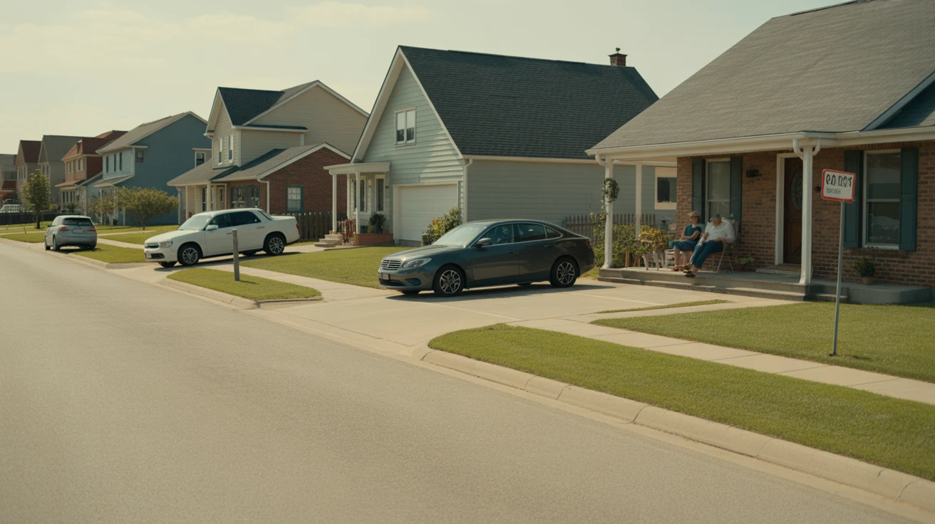 A sunny street in a middle-class Gallatin neighborhood, showing modest well-kept homes with manicured lawns and a few parked cars.