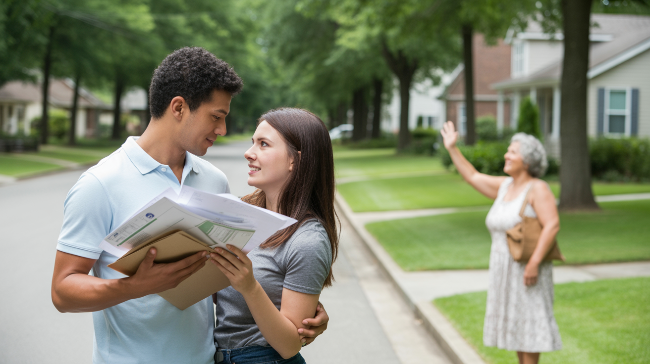 Couple reviewing bills and paperwork in driveway of new home in Indian Trail