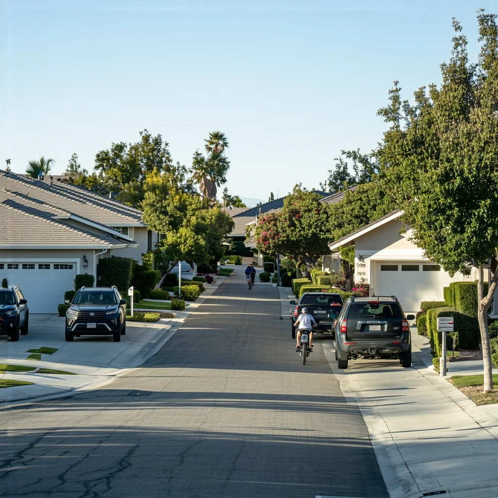 A quiet suburban street in Santee, California with modern homes and a few people visible