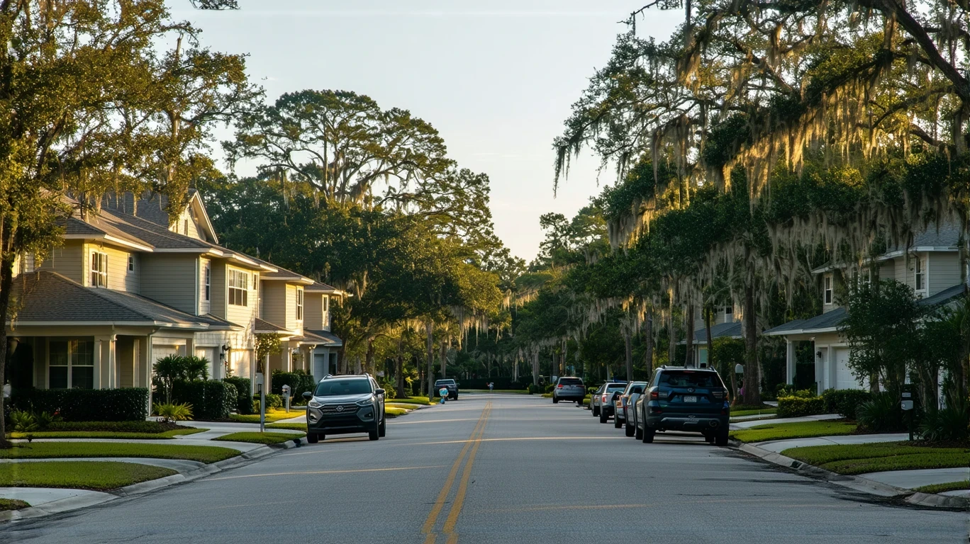 A residential street in Ocoee, Florida lined with modest single-family homes and small apartment buildings on a sunny day.
