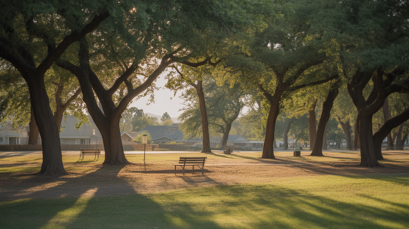 A quiet, shaded park in Enterprise, NV with oak trees and empty benches in the afternoon sun.