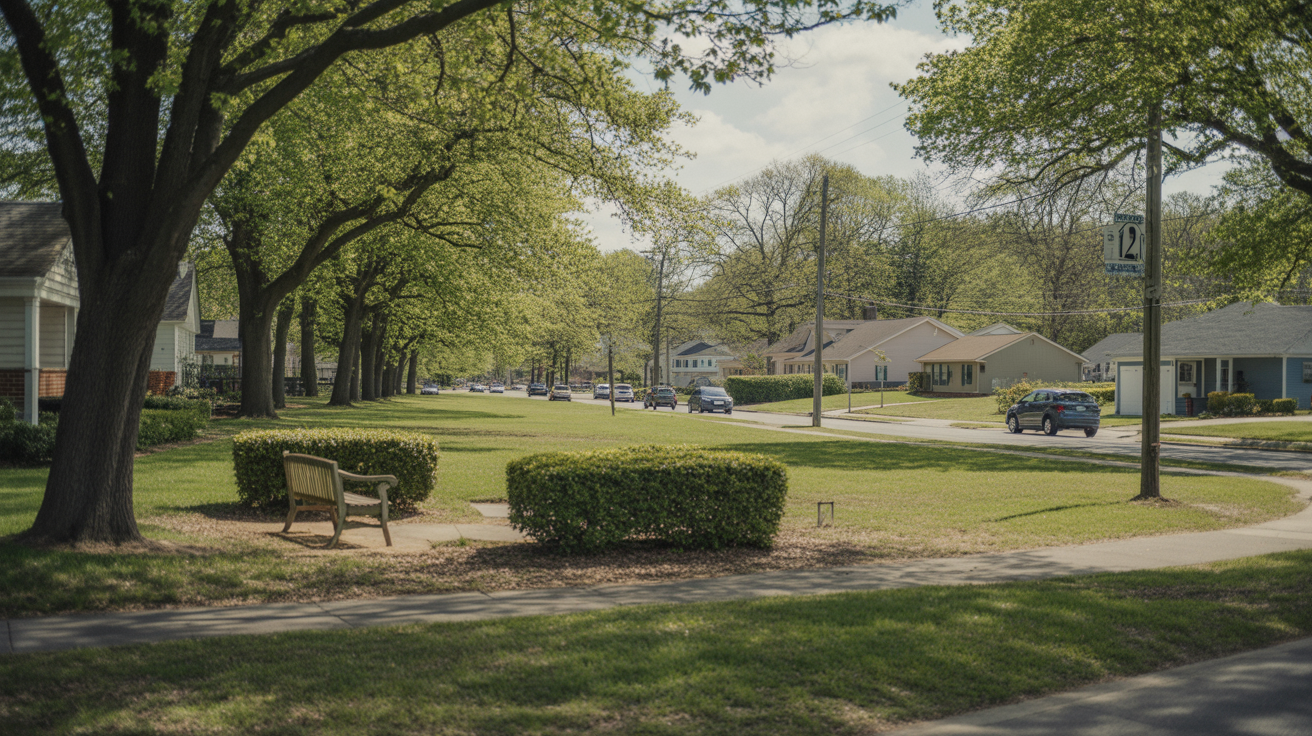 A quiet neighborhood park in Garner, NC with a bench, path, trees, and homes visible across the street.