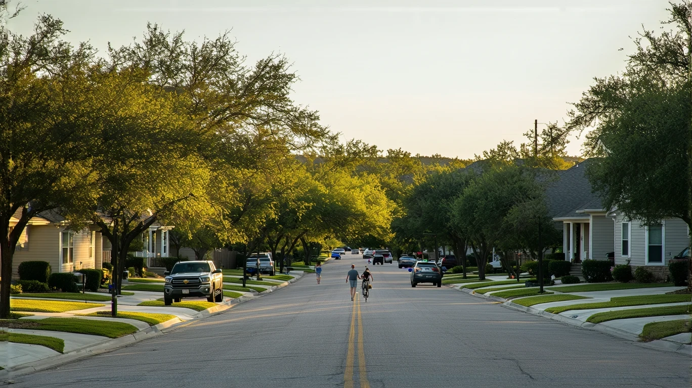 A peaceful, tree-lined street in San Marcos, Texas with craftsman and ranch-style homes, parked cars, and a couple walking their dog on the sidewalk.