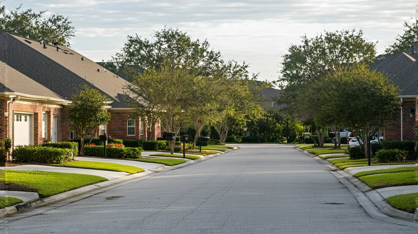 A cul-de-sac in a suburban neighborhood in Oviedo, Florida on a sunny morning