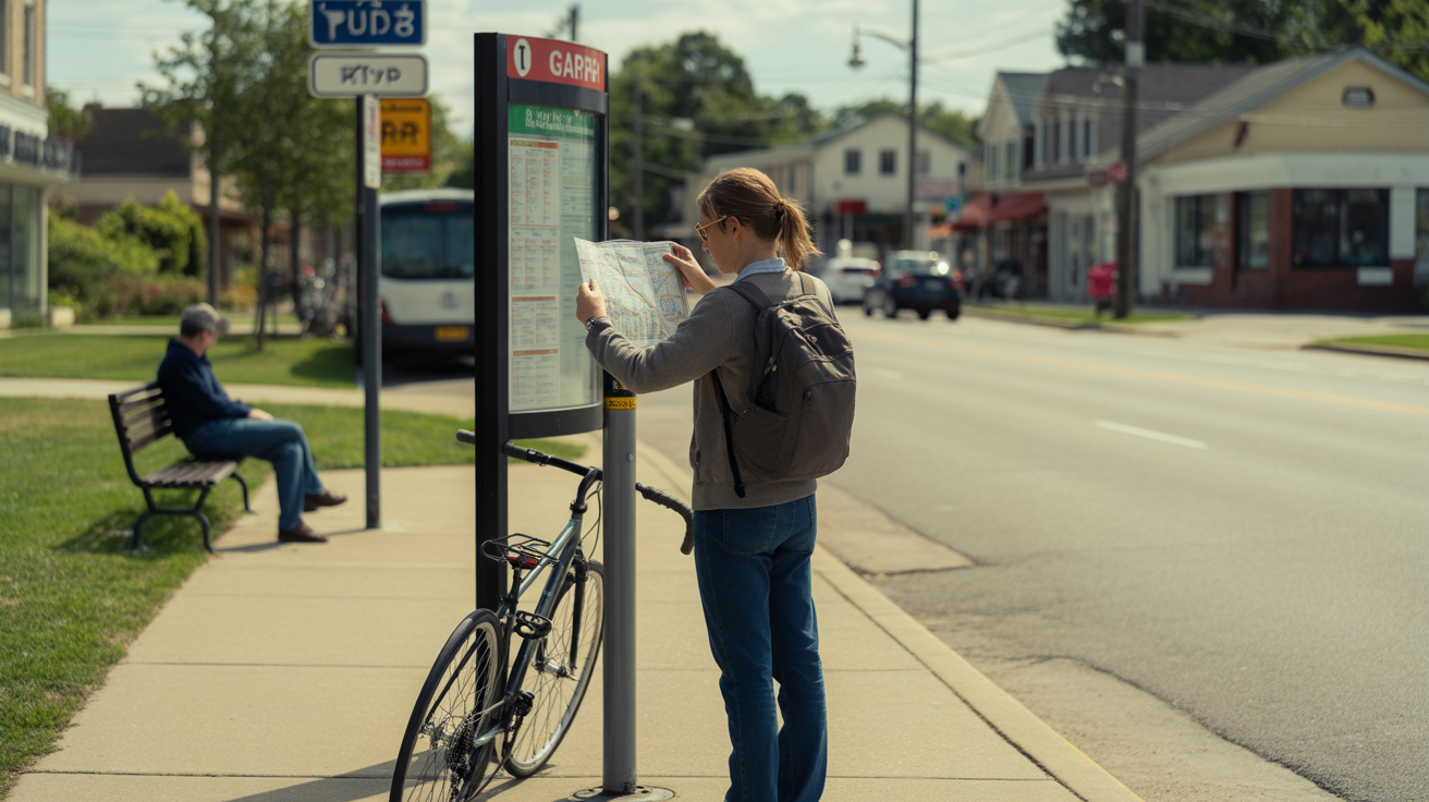 A person looking at a transit map on a kiosk next to their bike, with a bus stop and buildings visible on a Garner street.