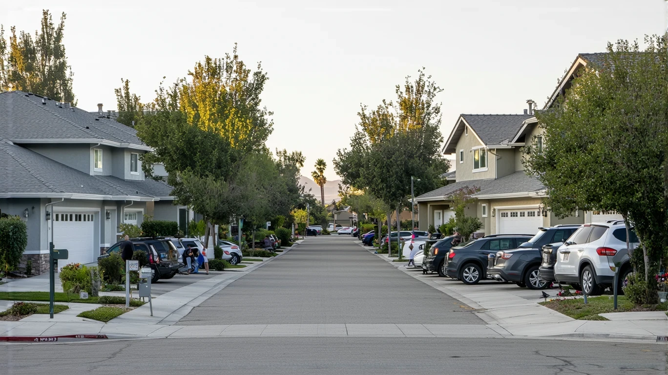 A quiet residential street in Oceanside, California lined with modest single-family homes, parked cars, and a resident walking their dog on the sidewalk.