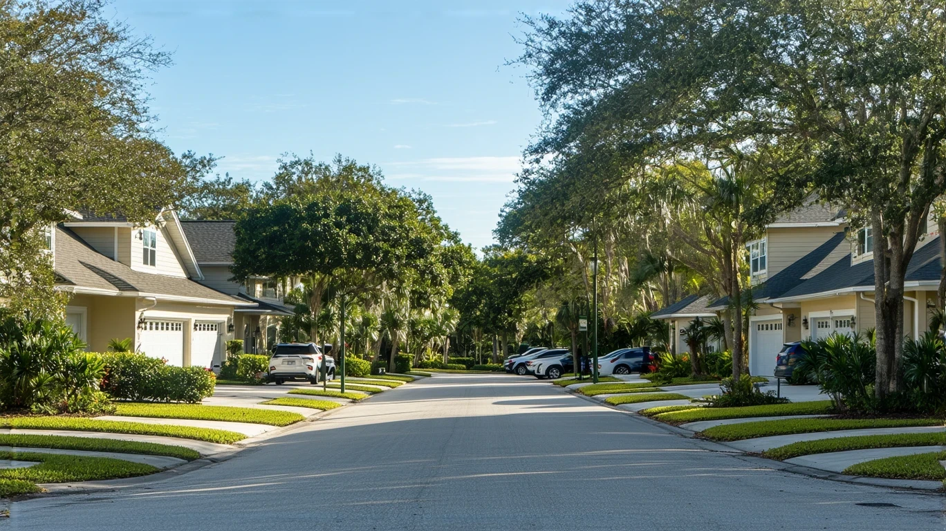 Residential street in Maitland, Florida with craftsman style homes and parked cars.