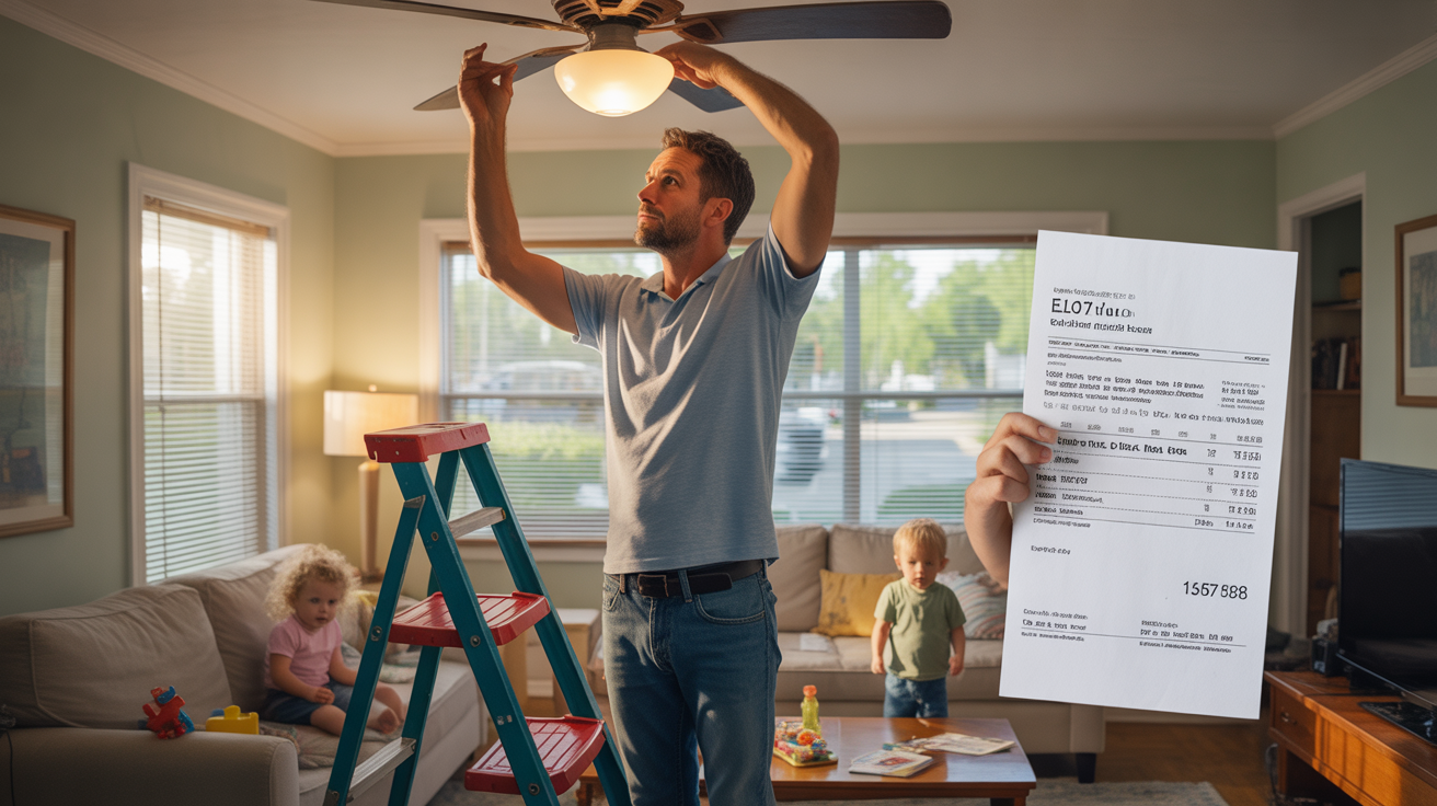 Dad adjusting ceiling fan in living room on hot day in Schaumburg, IL