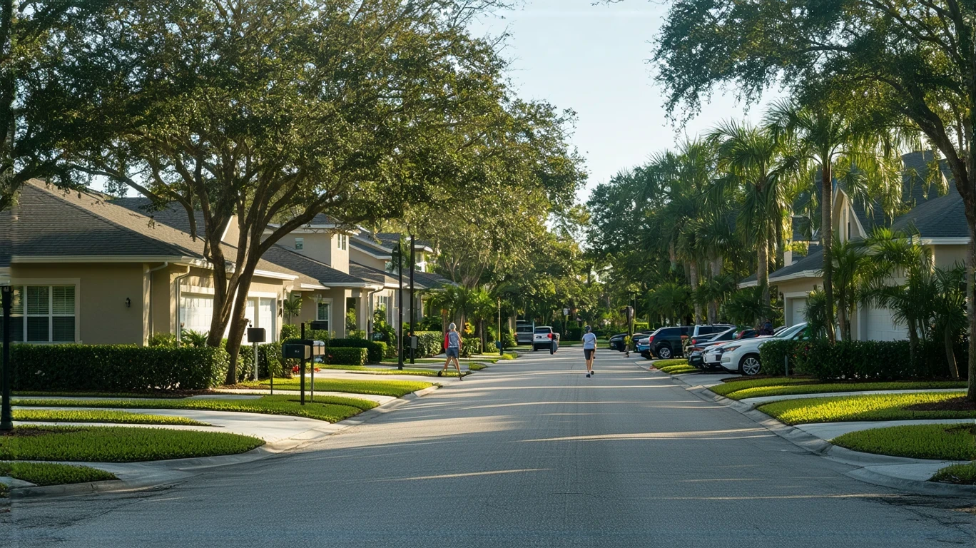 A residential street in Altamonte Springs lined with modest houses, palm trees, and parked cars.