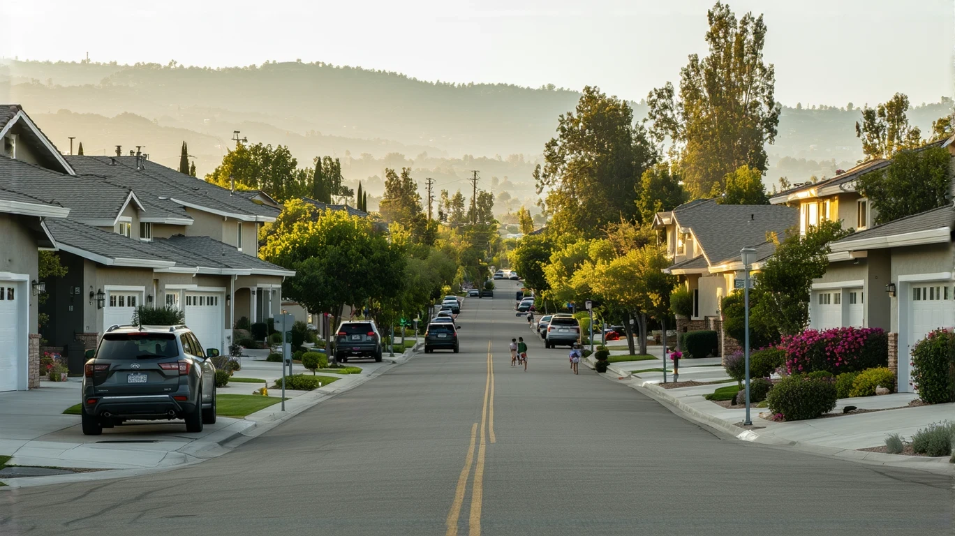 A sunny residential street in Escondido lined with a mix of modern single-family homes and small apartment buildings, drought-tolerant landscaping, and a few parked cars.