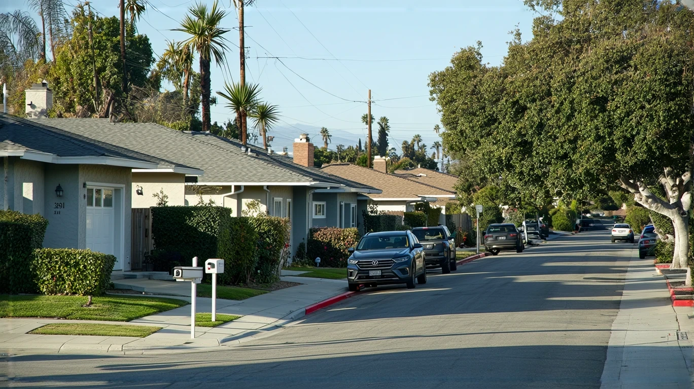 A sunny residential street in Oceanside, California with modern homes, parked cars, and a few residents walking.