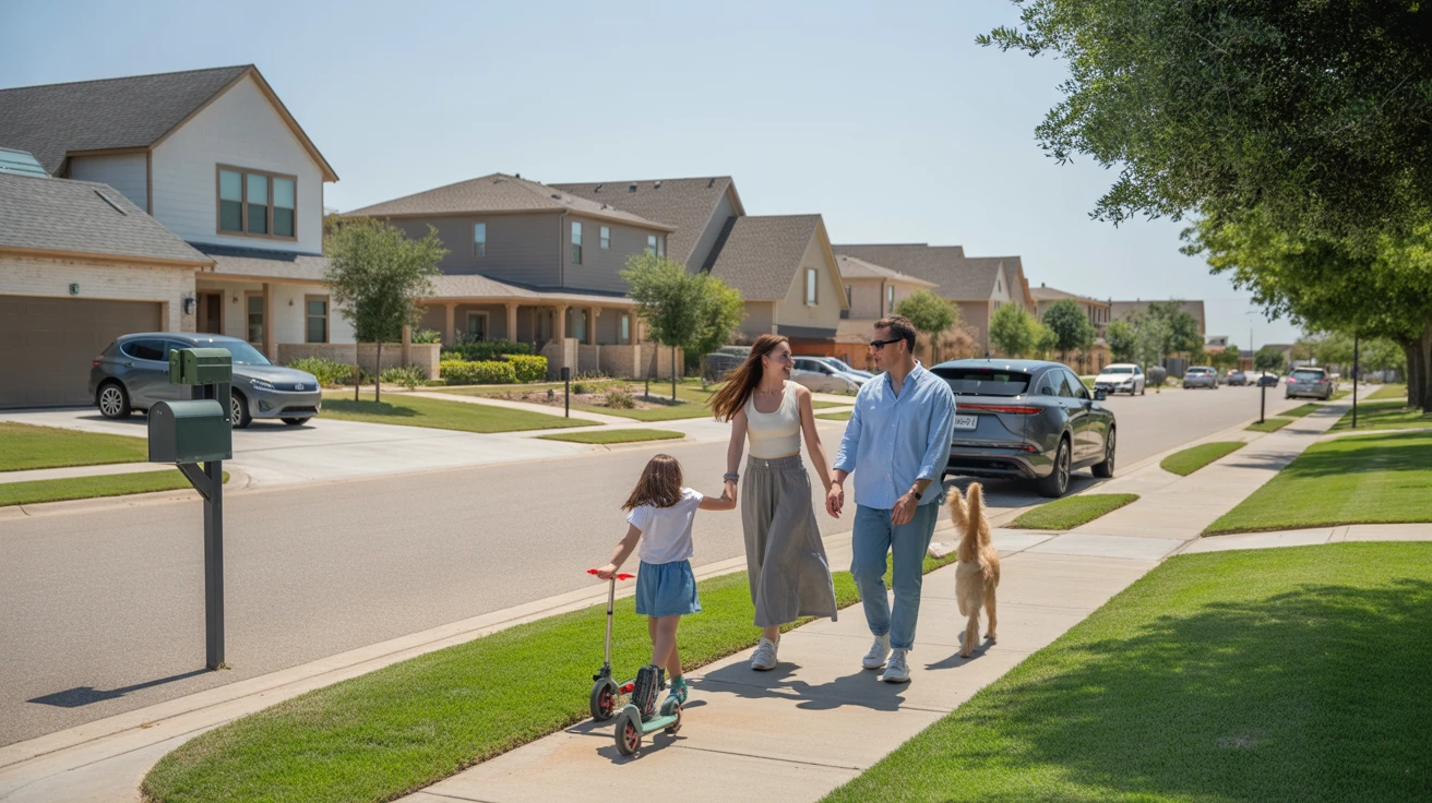 A modern street in Allen, Texas with contemporary houses and apartments. A young family walks their dog on the sidewalk.