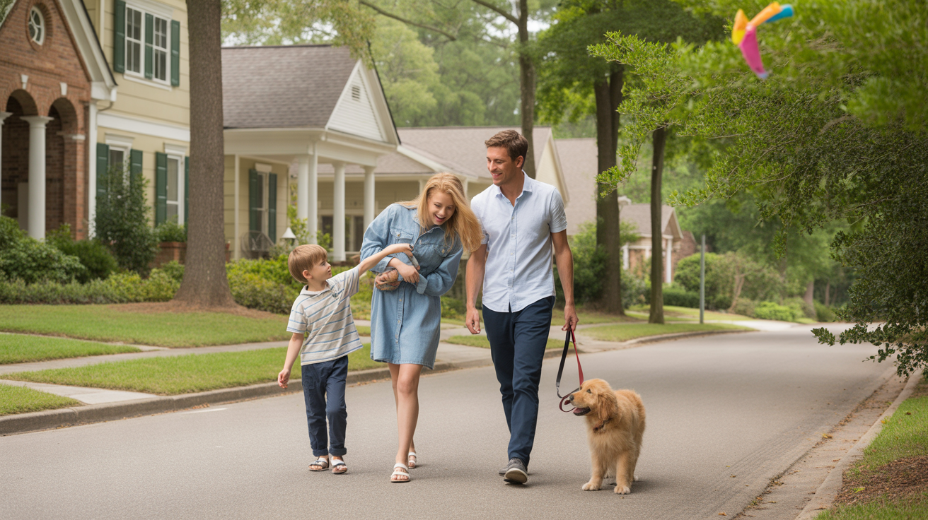 Family walks dog through peaceful Matthews neighborhood with distinct architecture