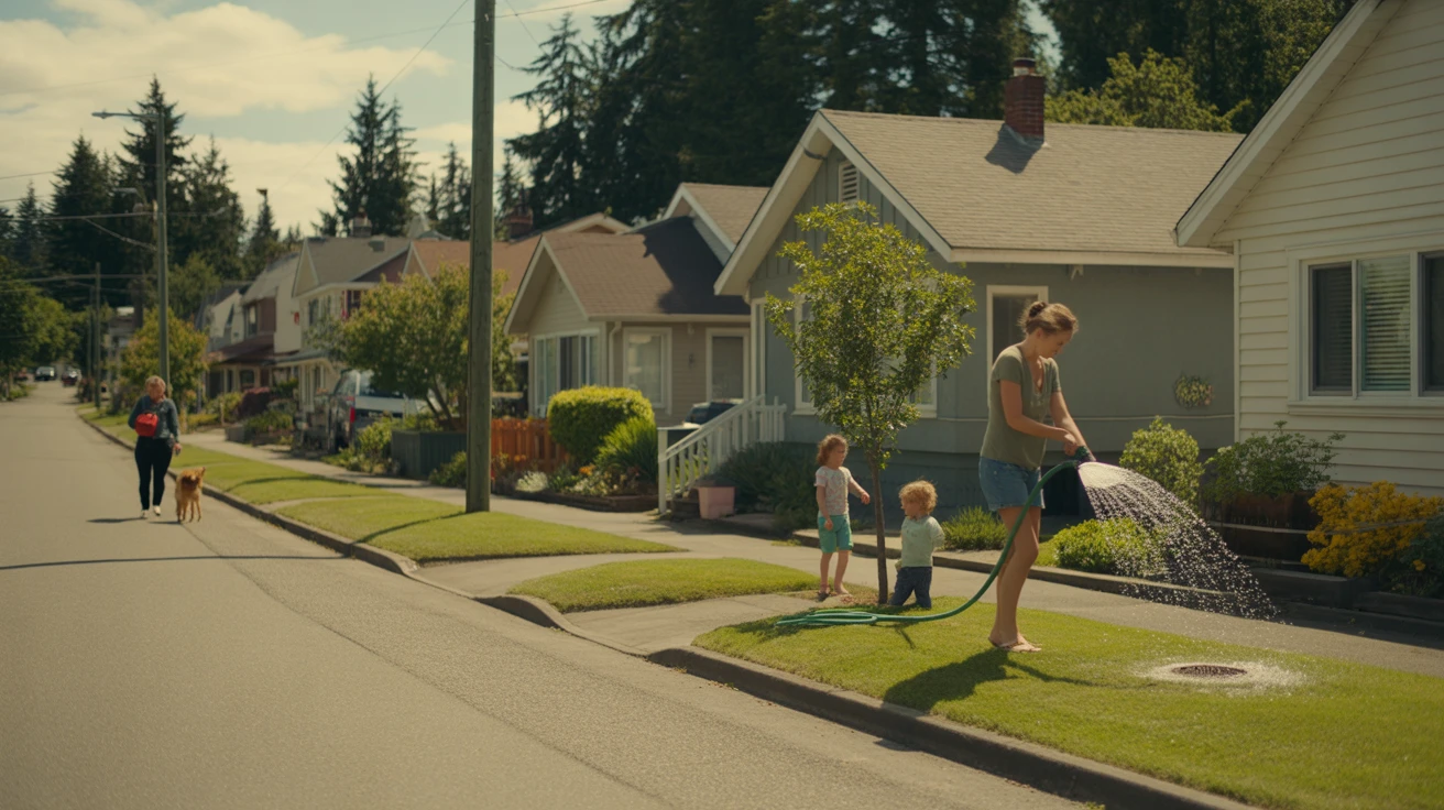 A woman waters plants in her front yard on a residential street in Renton, Washington, while a child plays nearby and a neighbor walks a dog.