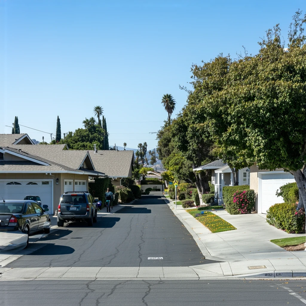 A sunny suburban street in La Mesa, California lined with modest single-family homes and parked cars.