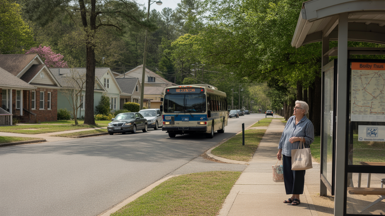 A city bus traveling down a residential street in Holly Springs, NC, passing small homes and an elderly woman waiting at a bus stop shelter.