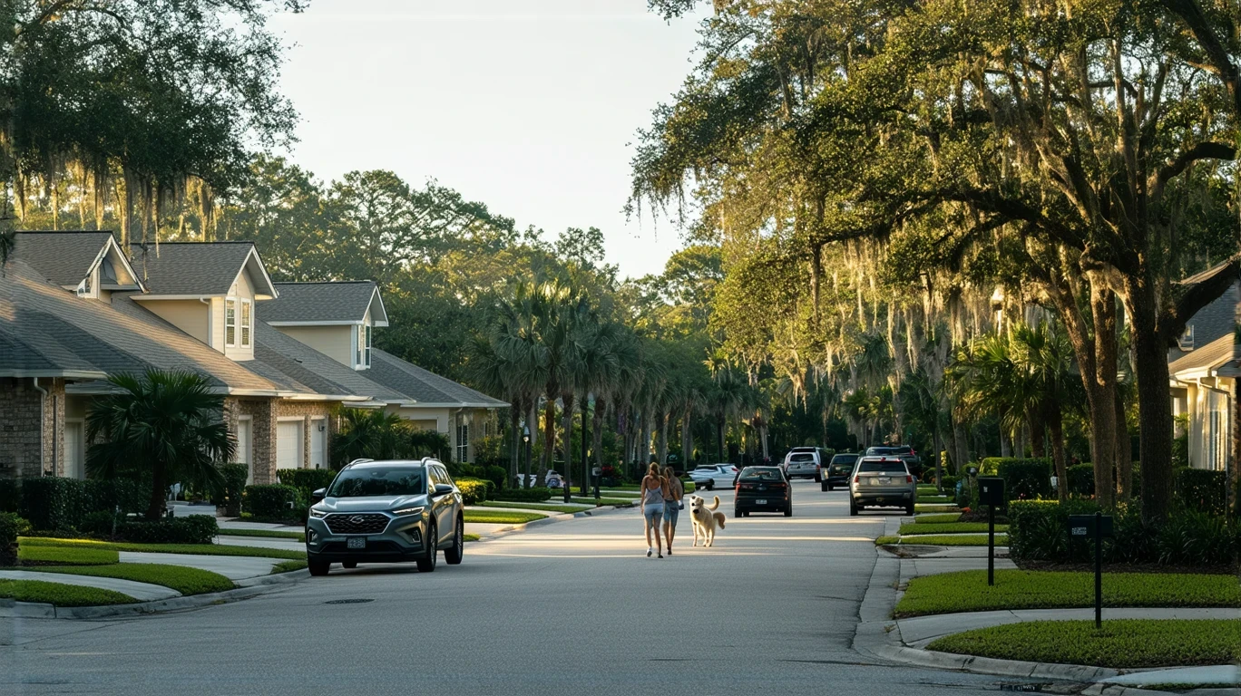 A woman walks her dog past craftsman homes on a suburban street in Altamonte Springs, Florida
