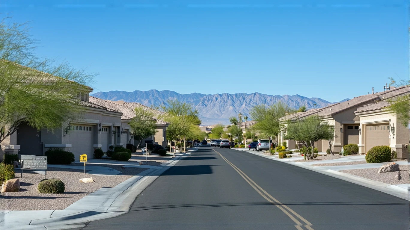 A tidy street in Summerlin South lined with stucco homes, desert landscaping, and mountain views.