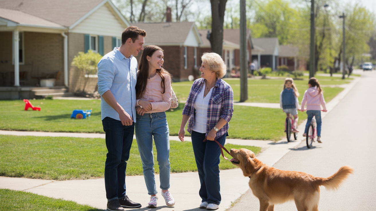 A young couple chats with a neighbor while standing in the driveway of their suburban home in Fern Creek, KY on a sunny spring day.