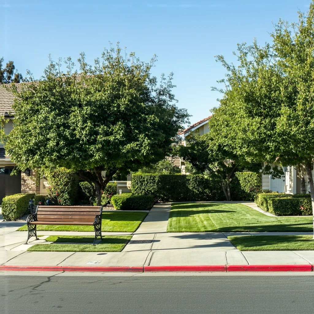 A peaceful neighborhood park in Santee, California with hedges, a bench, and shade trees