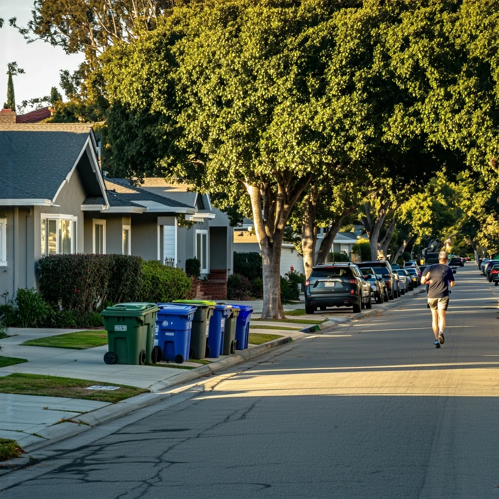 A residential street in Oceanside lined with red-brick homes and a jogger in the distance