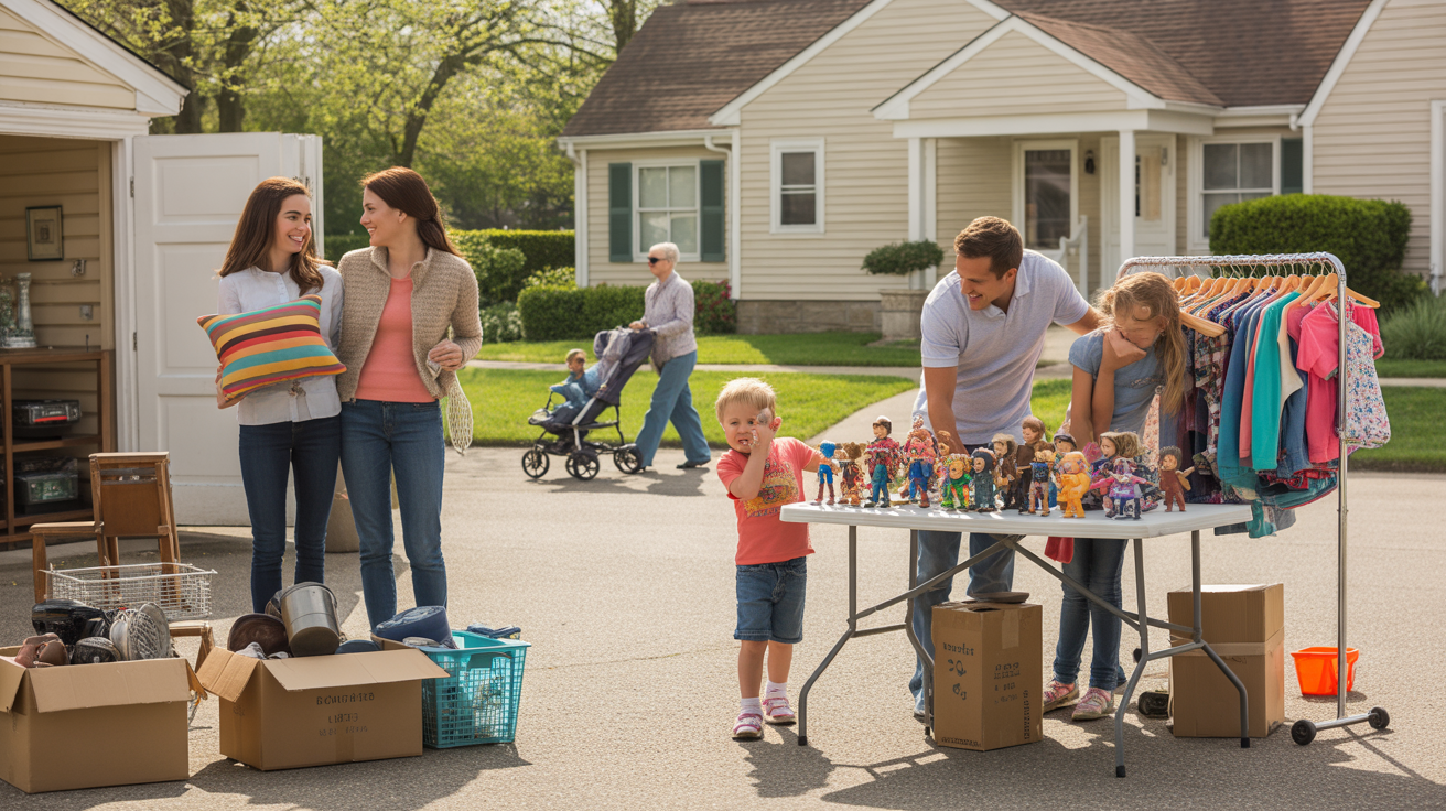 Neighbors in Lyndon, Kentucky hold a joint garage sale outside a condo and single-family home on a sunny day.