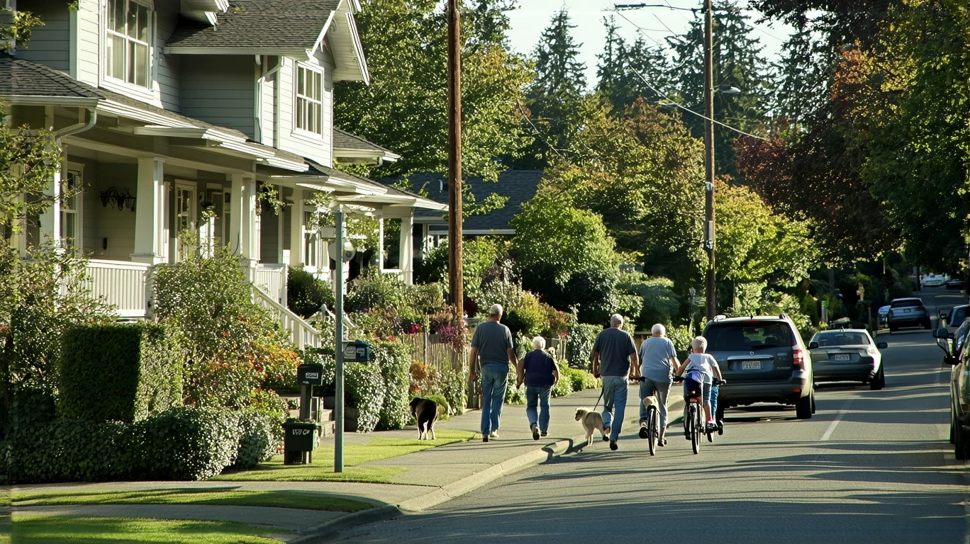A tree-lined residential street in Edmonds, Washington with craftsman-style homes, parked cars, and people walking.