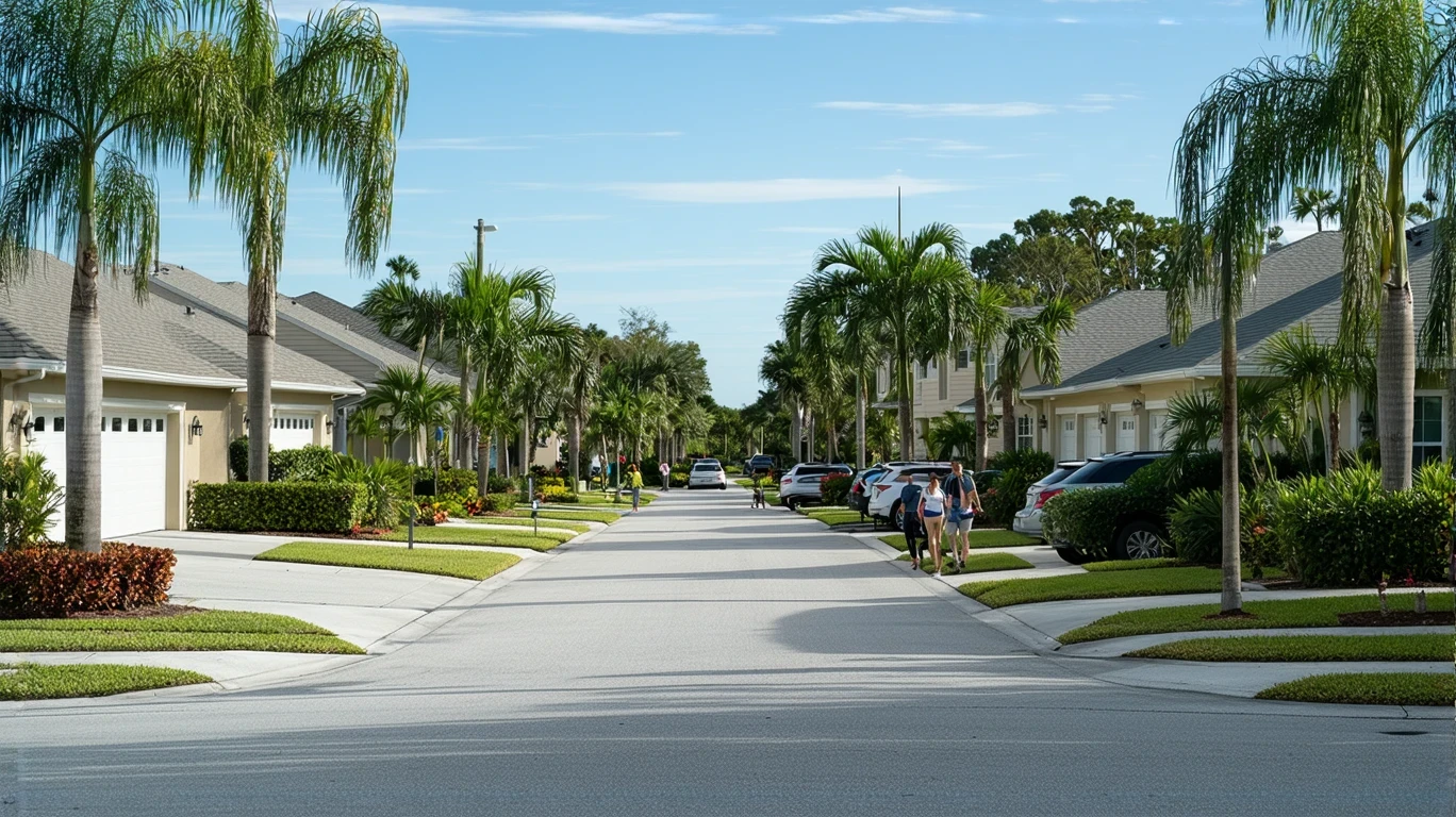 A sunny suburban street in Clearwater, Florida lined with stucco homes and tropical landscaping. A couple walks their dog on the sidewalk.
