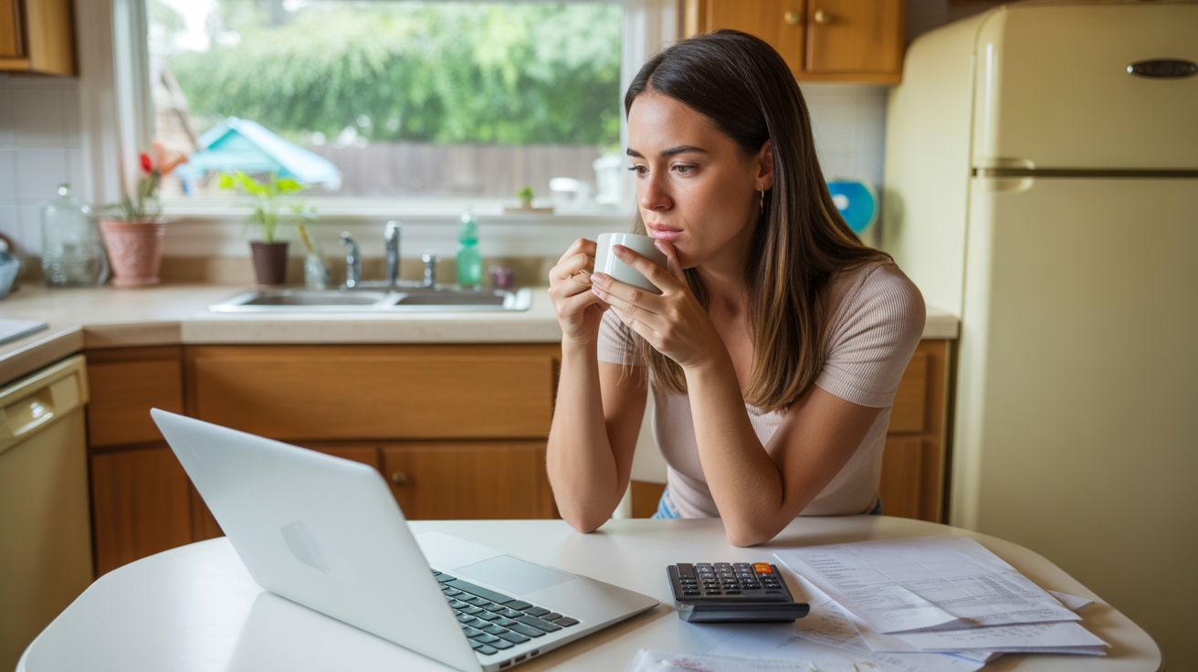 Young woman working on monthly budget at kitchen table in Matthews, NC home