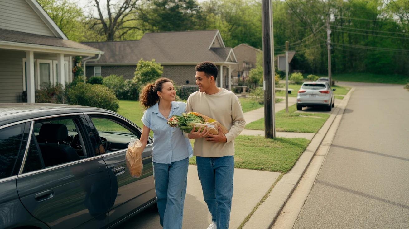 A couple carries grocery bags from their car to the front door of their suburban home.