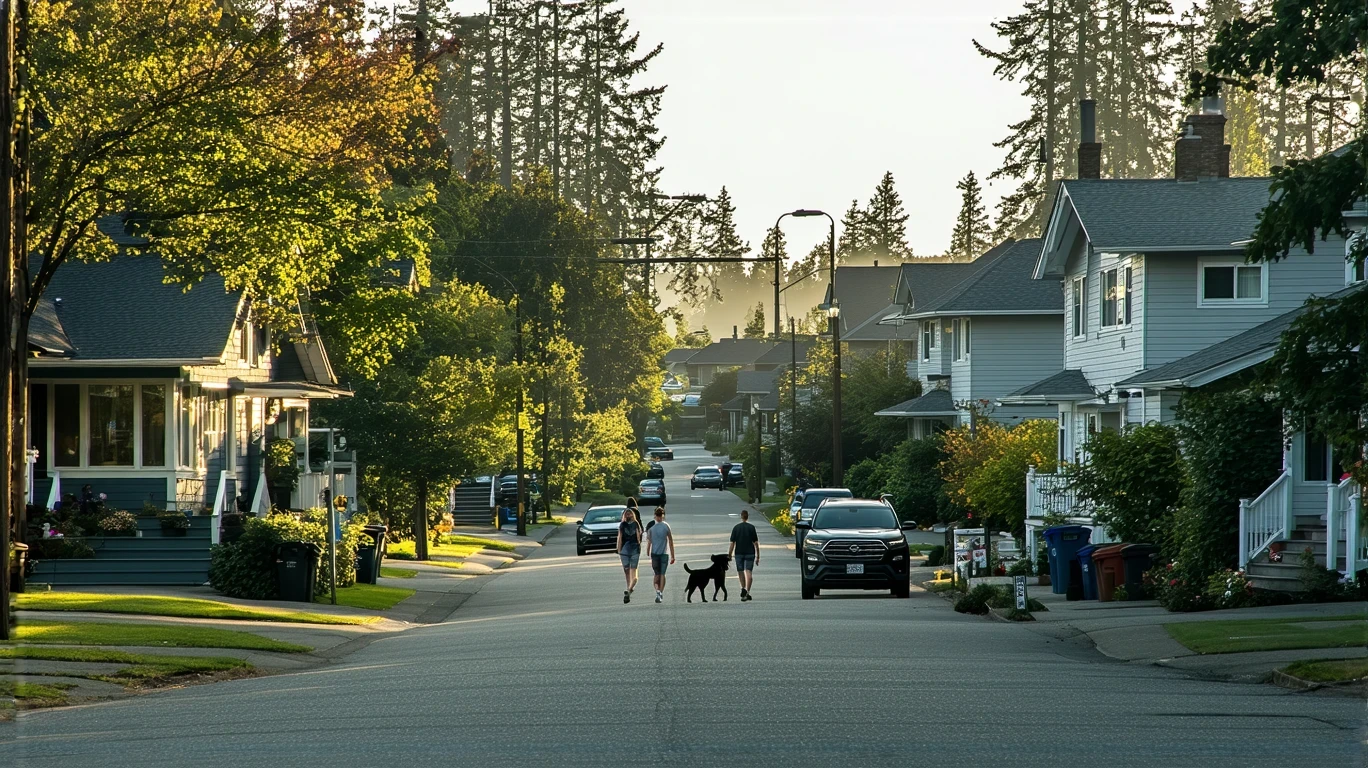 A residential street in Everett, WA with craftsman homes, a couple walking a dog, and a parked SUV.